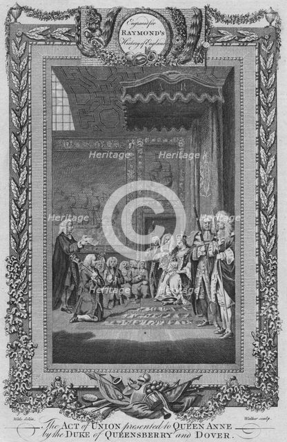 'The Act of Union presented to Queen Anne by the Duke of Queensberry and Dover', c1787. Artist: Unknown.