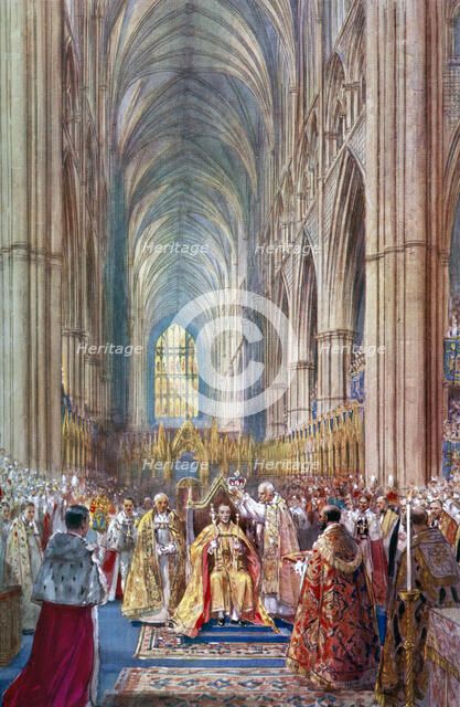 'The Act of Crowning', George VI's coronation ceremony, Westminster Abbey, London, 12 May 1937.Artist: Henry Charles Brewer