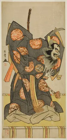 The Actor Nakajima Mihoemon II as Shujaku Tenno in the Play Masakado Kammuri no..., c. 1777. Creator: Shunsho