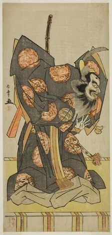 The Actor Nakajima Mihoemon II as Shujaku Tenno in the Play Masakado Kammuri no..., c. 1777. Creator: Shunsho