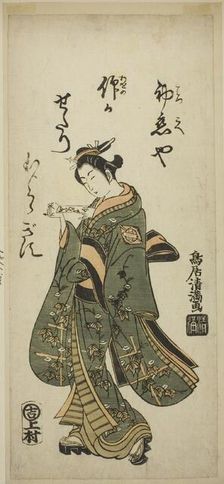 The Actor Nakamura Matsue as Oshichi in the play "Fujibumi Sakae Soga," performed at the..., 1763. Creator: Torii Kiyomitsu