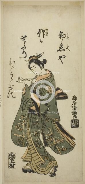 The Actor Nakamura Matsue as Oshichi in the play "Fujibumi Sakae Soga," performed at the..., 1763. Creator: Torii Kiyomitsu.