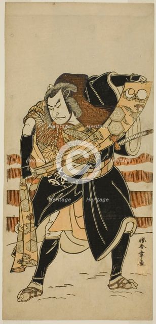 The Actor Nakamura Nakazo I as Abe no Sadato (?) in the Play Date Nishiki Tsui no Yumitori..., c1778 Creator: Shunsho.