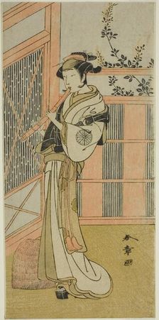 The Actor Nakamura Noshio I as Misao Disguised as a Komuso in the Play Kosode-gura..., c. 1772. Creator: Shunsho