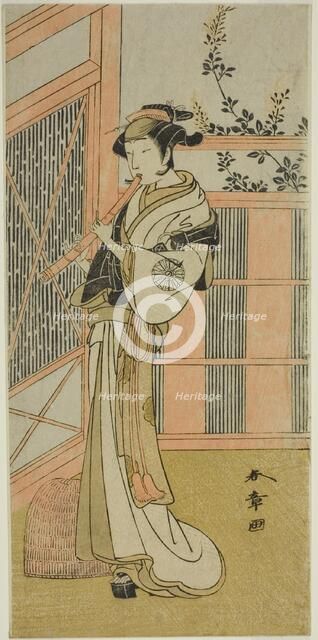 The Actor Nakamura Noshio I as Misao Disguised as a Komuso in the Play Kosode-gura..., c. 1772. Creator: Shunsho.