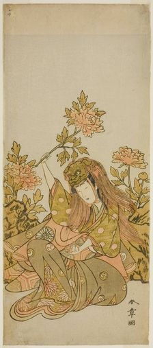 The Actor Nakamura Noshio I in a "Shak-kyo Odori" (Stone Bridge Dance), in the Play..., c. 1773. Creator: Shunsho