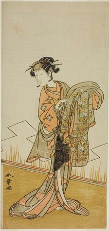 The Actor Nakamura Riko I as the Courtesan Wakamatsu (?) in the Play Gohiiki Kanjincho..., c. 1773. Creator: Shunsho