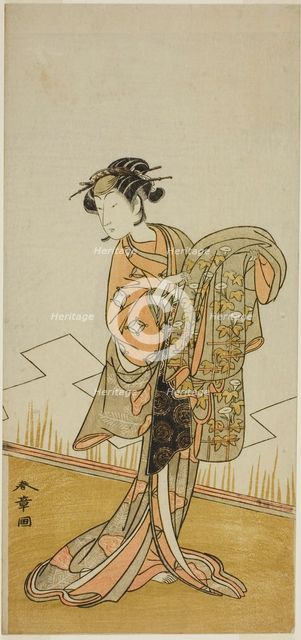 The Actor Nakamura Riko I as the Courtesan Wakamatsu (?) in the Play Gohiiki Kanjincho..., c. 1773. Creator: Shunsho.