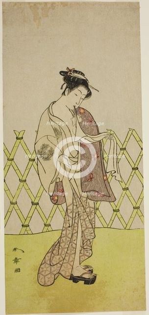 The Actor Nakamura Riko I as Hakata no Kojoro (?) in the Play Shitenno-ji Nobori Kuyo..., c. 1773. Creator: Shunsho.