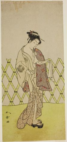 The Actor Nakamura Riko I as Hakata no Kojoro (?) in the Play Shitenno-ji Nobori Kuyo..., c. 1773. Creator: Shunsho