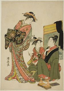 The Actor Nakamura Riko with a courtesan, from an untitled series of aiban prints..., c. 1781/82. Creator: Torii Kiyonaga