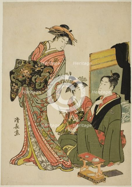 The Actor Nakamura Riko with a courtesan, from an untitled series of aiban prints..., c. 1781/82. Creator: Torii Kiyonaga.