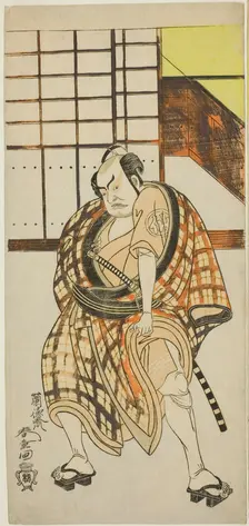 The Actor Nakamura Sukegoro II as Sasano Sangobei in Part Two of the Play Iro Moyo Aoya..., c. 1775. Creator: Rantokusai Shundo
