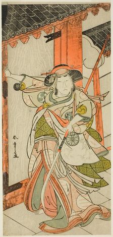 The Actor Nakamura Tomijuro I as Hangaku Gozen Breaking Down the Gate in the Play Wada..., c. 1777. Creator: Shunsho