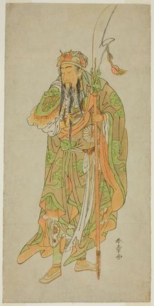 The Actor Nakamura Tomijuro I as the Chinese Hero Kan'u in the Play Hatsu Akebono..., c. 1772. Creator: Shunsho