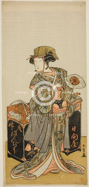 The Actor Nakamura Tomijuro I as the Female Beancake Peddler Hyugaya in the Play..., c. 1777. Creator: Shunsho.