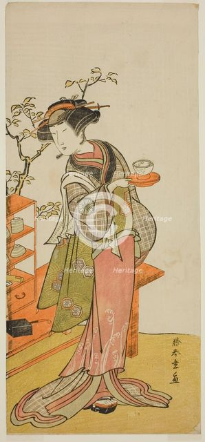 The Actor Nakamura Tomijuro I as the Waitress Otake in the Play Chigo Suzuri Aoyagi..., c. 1777. Creator: Shunsho.