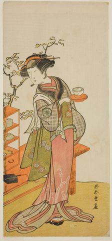 The Actor Nakamura Tomijuro I as the Waitress Otake in the Play Chigo Suzuri Aoyagi..., c. 1777. Creator: Shunsho