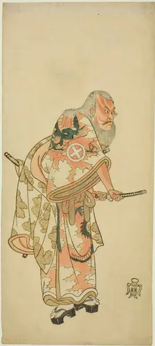 The Actor Otani Hiroemon III as Hige no Ikyu in the scene "Sukeroku in the play "Hitok..., c. 1764. Creator: Shunsho
