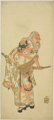 The Actor Otani Hiroemon III as Hige no Ikyu in the scene "Sukeroku in the play "Hitok..., c. 1764. Creator: Shunsho