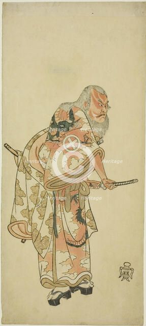 The Actor Otani Hiroemon III as Hige no Ikyu in the scene "Sukeroku” in the play "Hitok..., c. 1764. Creator: Shunsho.