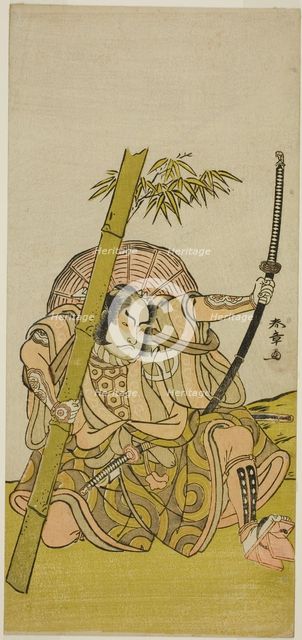 The Actor Otani Hiroji III as the Guard Kuriu Zaemon Yorikata in the Play Azuma no Mori..., c. 1779. Creator: Shunsho.