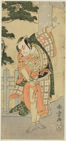 The Actor Otani Hiroji III in a Stage Pose (Mie) before a Shrine Gateway, Japan, c. 1769/1770. Creator: Shunsho