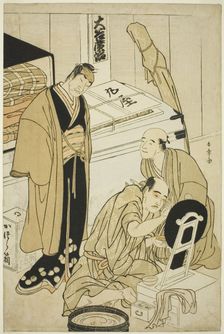 The Actor Otani Hiroji III in His Dressing Room Assisted by Otani Tokuji I (?) and Oberved..., c1783 Creator: Shunsho