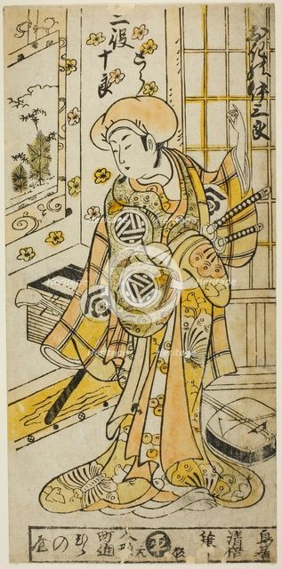 The Actor Ogino Isaburo I in two roles, Tora and Soga no Juro, in the play "Juhakko Imayo ..., 1734. Creator: Torii Kiyomasu.