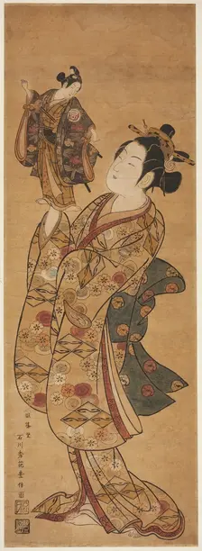 The Actor Onoe Kikugoro I holding a puppet of the Actor Sanogawa Ichimatsu I, c. 1740s. Creator: Ishikawa Toyonobu