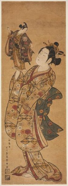 The Actor Onoe Kikugoro I holding a puppet of the Actor Sanogawa Ichimatsu I, c. 1740s. Creator: Ishikawa Toyonobu
