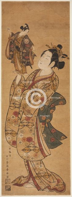 The Actor Onoe Kikugoro I holding a puppet of the Actor Sanogawa Ichimatsu I, c. 1740s. Creator: Ishikawa Toyonobu.