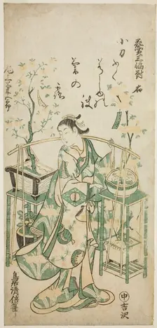 The Actor Onoe Kikugoro I, right sheet of "Flower Vendor Triptych (Hanauri sanpukutsui)", c. 1743. Creator: Torii Kiyomasu