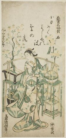 The Actor Onoe Kikugoro I, right sheet of "Flower Vendor Triptych (Hanauri sanpukutsui)", c. 1743. Creator: Torii Kiyomasu
