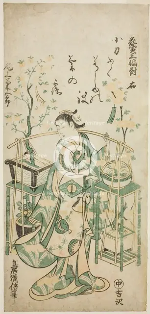 The Actor Onoe Kikugoro I, right sheet of "Flower Vendor Triptych (Hanauri sanpukutsui)", c. 1743. Creator: Torii Kiyomasu.