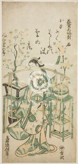 The Actor Onoe Kikugoro I, right sheet of "Flower Vendor Triptych (Hanauri sanpukutsui)", c. 1743. Creator: Torii Kiyomasu.
