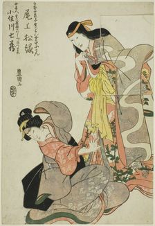 The actor Onoe Shoroku I as the ghost of the Shirabyoshi Hanako standing over Osagawa..., c. 1810. Creator: Utagawa Toyokuni I