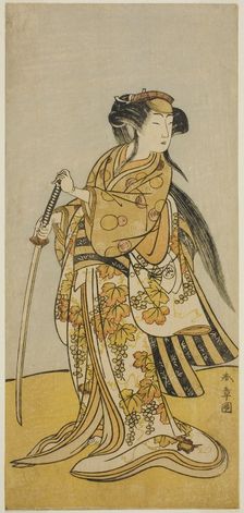 The Actor Onoe Tamizo I as Kureha (?) in the Play Shusse Taiheiki (?), Performed at the..., c. 1775. Creator: Shunsho