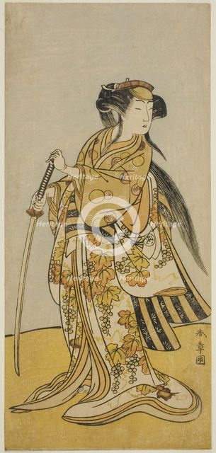 The Actor Onoe Tamizo I as Kureha (?) in the Play Shusse Taiheiki (?), Performed at the..., c. 1775. Creator: Shunsho.
