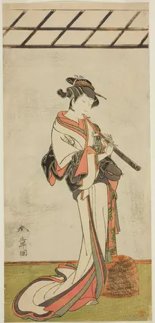 The Actor Onoe Tamizo I as Oiso no Tora or Kewaizaka no Shosho, Disguised as a Female..., c. 1774. Creator: Shunsho
