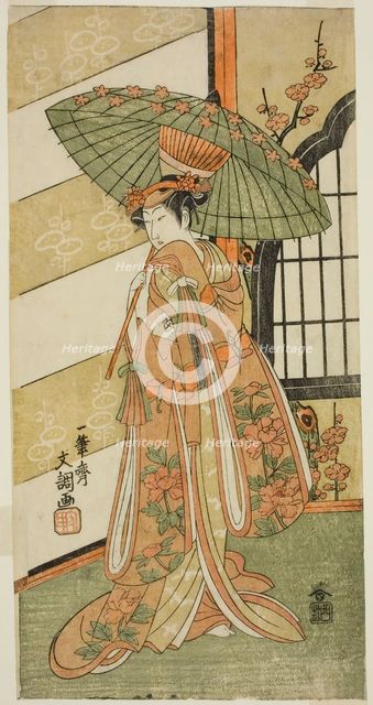 The Actor Onoe Tamizo I as Nishikigi in the Play Mutsu no Hana Ume no Kaomise..., c. 1769. Creator: Ippitsusai Buncho.