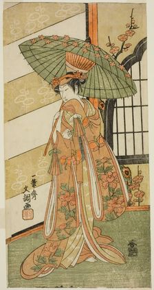 The Actor Onoe Tamizo I as Nishikigi in the Play Mutsu no Hana Ume no Kaomise..., c. 1769. Creator: Ippitsusai Buncho