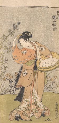 The Actor Onoya Matsusuke, in Female Robe of O-Kane, Adjusts the Comb in His Hair, 17..., 1735-1785. Creator: Torii Kiyomitsu
