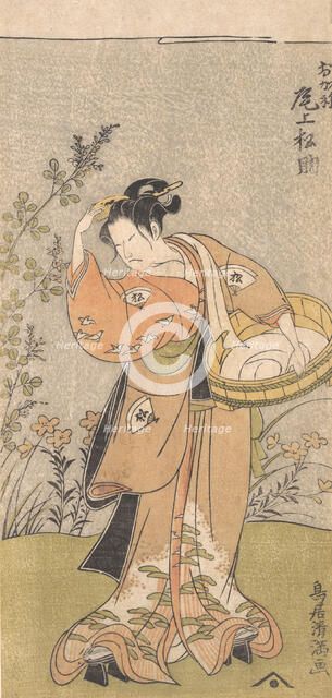 The Actor Onoya Matsusuke, in Female Robe of O-Kane, Adjusts the Comb in His Hair, 17..., 1735-1785. Creator: Torii Kiyomitsu.