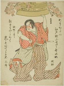 The Actor Arashi Hinasuke I as Watanabe Choshichi Tonau in the Play Tokimekuya O-Edo no..., c. 1780. Creator: Shunsho