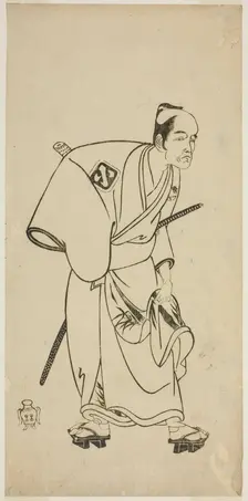 The Actor Arashi Otohachi I as Hotei Ichiemon in the Play Ayatsuri Kabuki Ogi, Performed..., c.1768. Creator: Shunsho