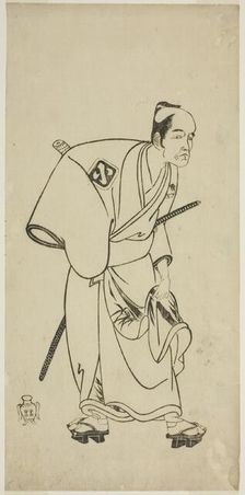 The Actor Arashi Otohachi I as Hotei Ichiemon in the Play Ayatsuri Kabuki Ogi, Performed..., c.1768. Creator: Shunsho