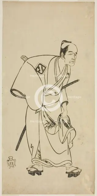 The Actor Arashi Otohachi I as Hotei Ichiemon in the Play Ayatsuri Kabuki Ogi, Performed..., c.1768. Creator: Shunsho.