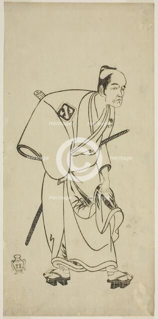 The Actor Arashi Otohachi I as Hotei Ichiemon in the Play Ayatsuri Kabuki Ogi, Performed..., c.1768. Creator: Shunsho.
