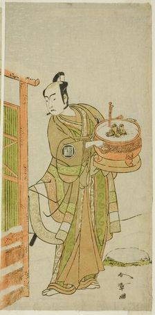 The Actor Arashi Sangoro II as Ito Kuro Disguised as Banta in the Play Izu-goyomi Shibai..., c.1772. Creator: Shunsho